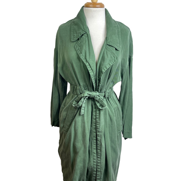 Zara Olive Green Light Weight Trench Coat Duster Jacket Belted Waist Tied - Picture 7 of 15